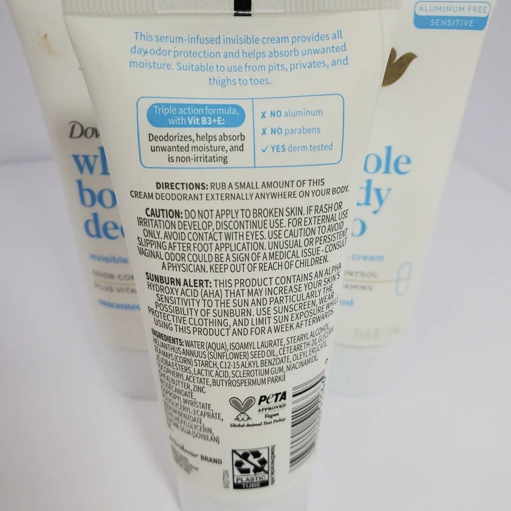 Lot of 3 Dove Whole Body Deo Invisible Cream Unscented Aluminum Free 2.5 oz Each